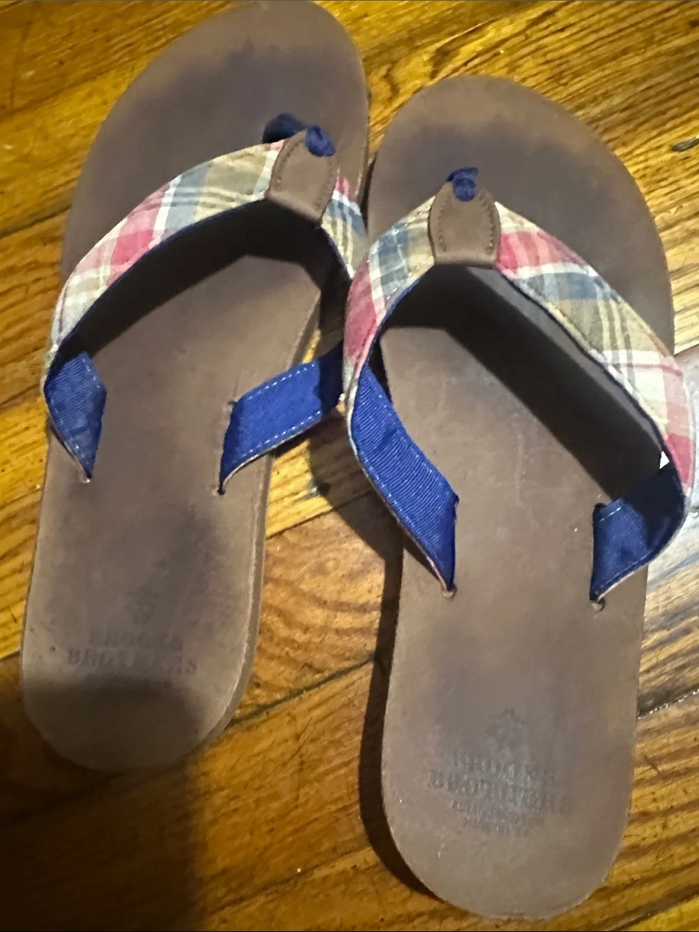 Brooks Brothers Brown Leather Flip Flops with Navy and Plaid Straps